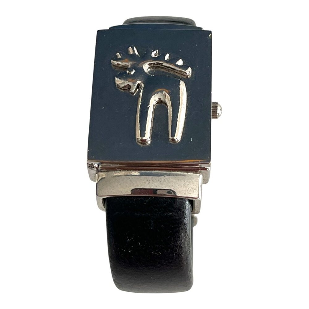 Vintage Moose Motif Hunter Case Cuff Watch Wide Black Leather Band Japan Quartz